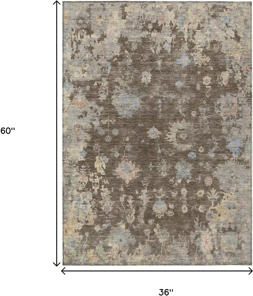 Chocolate And Beige Floral Washable Indoor Outdoor Area Rug Photo 3