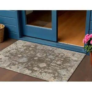 Photo of Chocolate And Beige Floral Washable Indoor Outdoor Area Rug