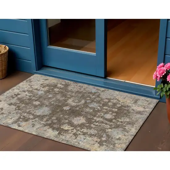 Chocolate And Beige Floral Washable Indoor Outdoor Area Rug Photo 1