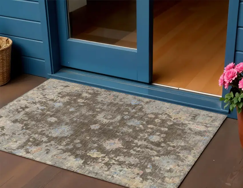 Chocolate And Beige Floral Washable Indoor Outdoor Area Rug Photo 1