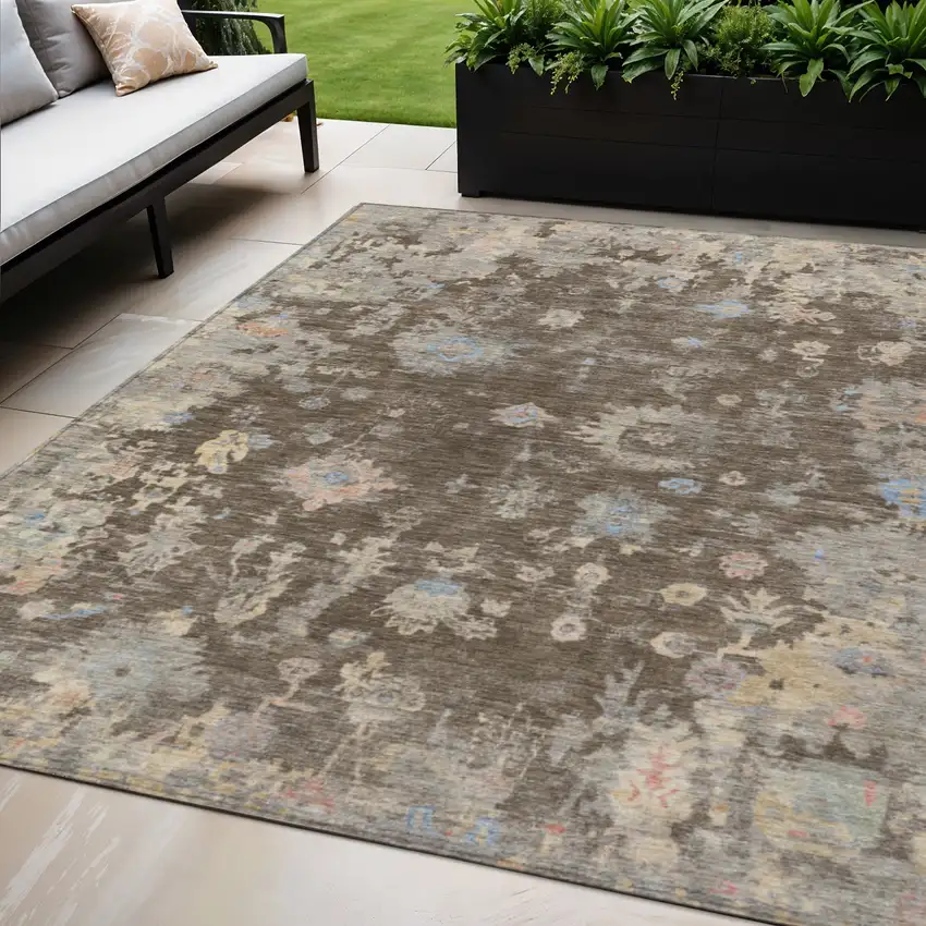 Chocolate And Beige Floral Washable Indoor Outdoor Area Rug Photo 1