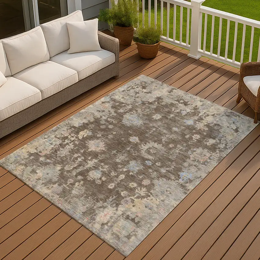 Chocolate And Beige Floral Washable Indoor Outdoor Area Rug Photo 8