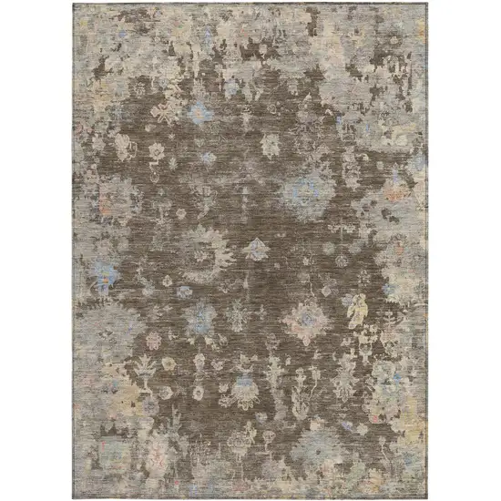 Chocolate And Beige Floral Washable Indoor Outdoor Area Rug Photo 5