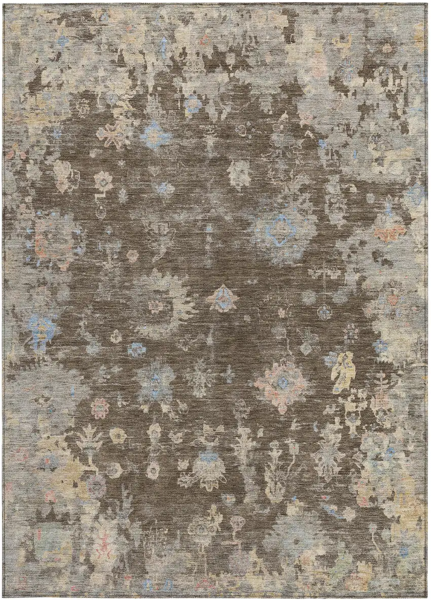 Chocolate And Beige Floral Washable Indoor Outdoor Area Rug Photo 5