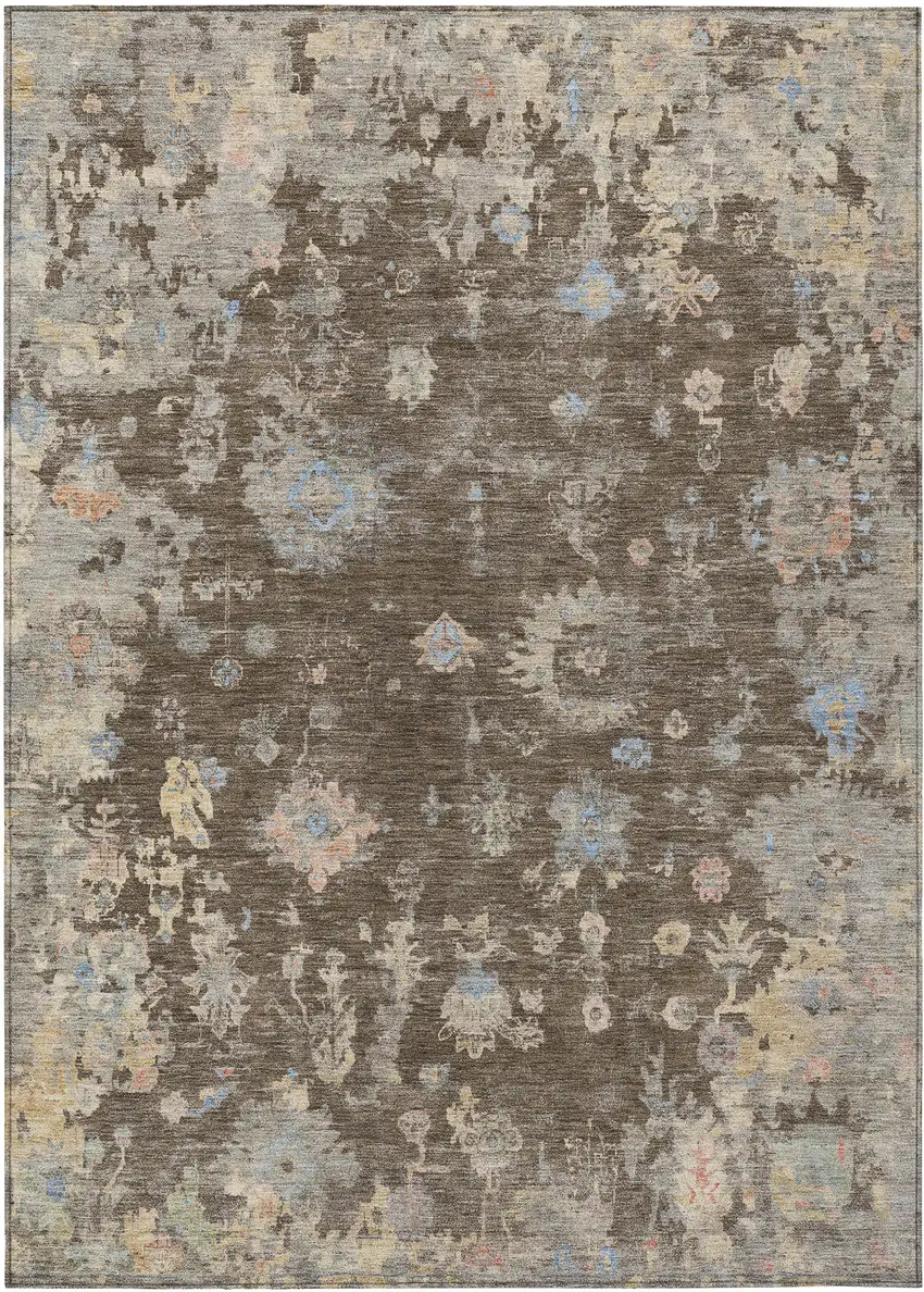 Chocolate And Beige Floral Washable Indoor Outdoor Area Rug Photo 2