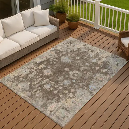 Chocolate And Beige Floral Washable Indoor Outdoor Area Rug Photo 7