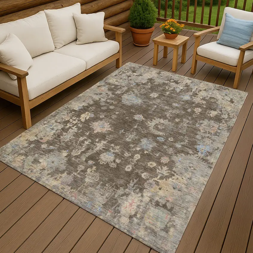 Chocolate And Beige Floral Washable Indoor Outdoor Area Rug Photo 9