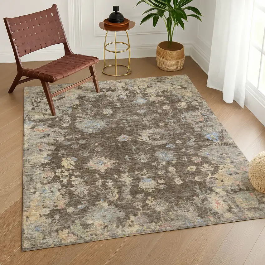 Chocolate And Beige Floral Washable Indoor Outdoor Area Rug Photo 9