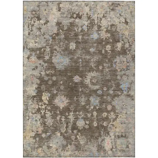 Chocolate And Beige Floral Washable Indoor Outdoor Area Rug Photo 2