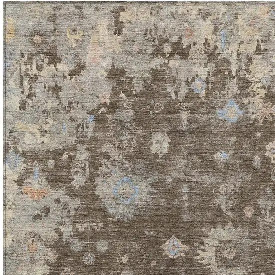 Chocolate And Beige Floral Washable Indoor Outdoor Area Rug Photo 7