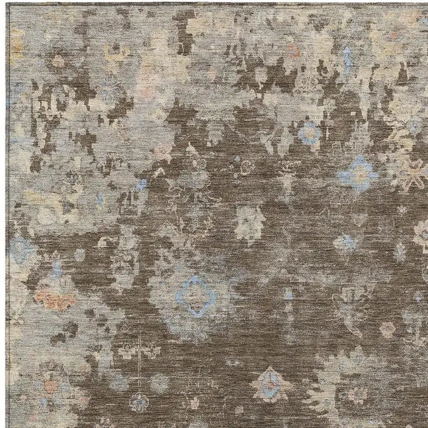 Chocolate And Beige Floral Washable Indoor Outdoor Area Rug Photo 7