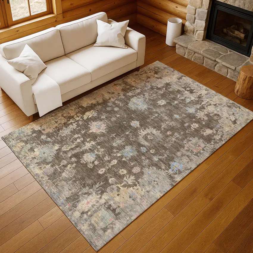 Chocolate And Beige Floral Washable Indoor Outdoor Area Rug Photo 9