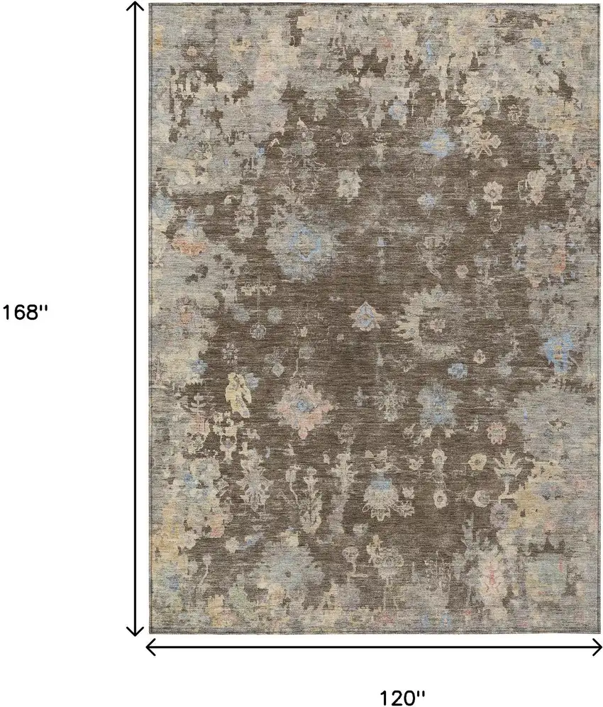 Chocolate And Beige Floral Washable Indoor Outdoor Area Rug Photo 3