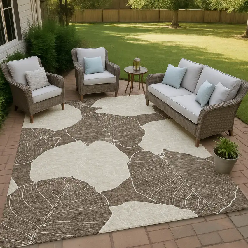 Chocolate And Beige Floral Washable Indoor Outdoor Area Rug Photo 4
