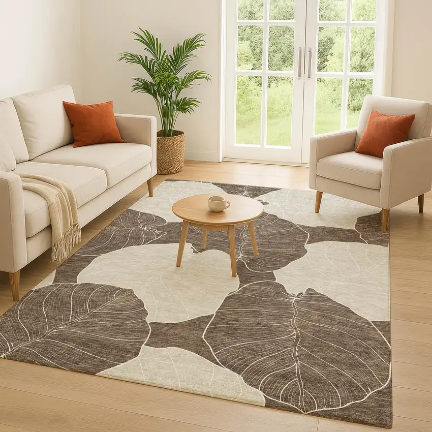 Chocolate And Beige Floral Washable Indoor Outdoor Area Rug Photo 5