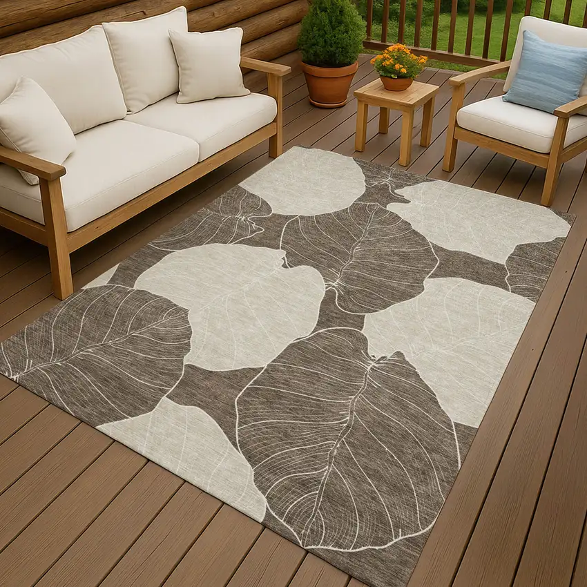 Chocolate And Beige Floral Washable Indoor Outdoor Area Rug Photo 7