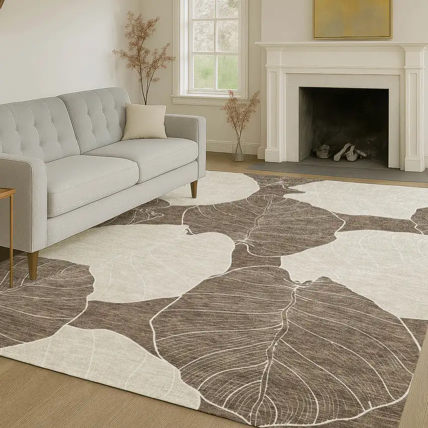 Chocolate And Beige Floral Washable Indoor Outdoor Area Rug Photo 6