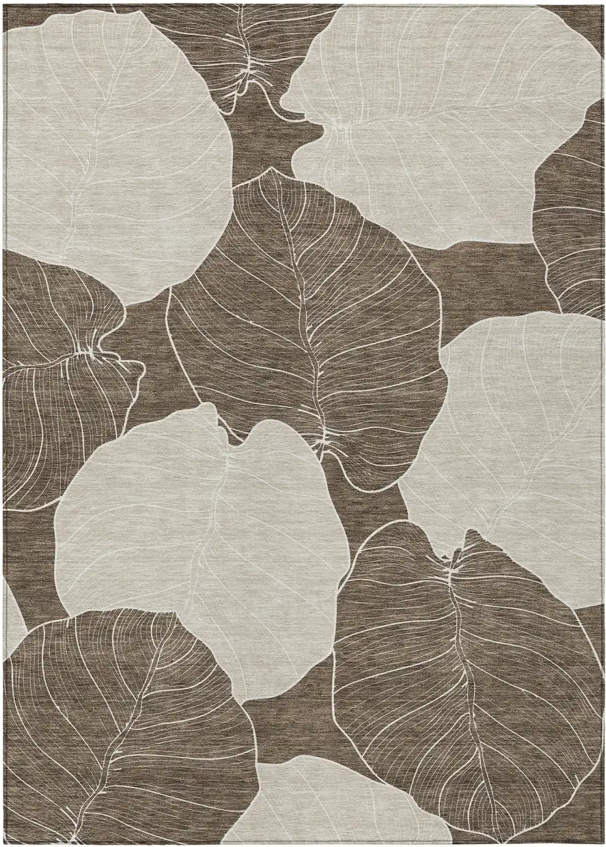 Chocolate And Beige Floral Washable Indoor Outdoor Area Rug Photo 8
