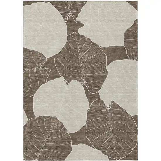 Chocolate And Beige Floral Washable Indoor Outdoor Area Rug Photo 8