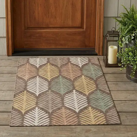 Chocolate And Beige Floral Washable Indoor Outdoor Area Rug Photo 1