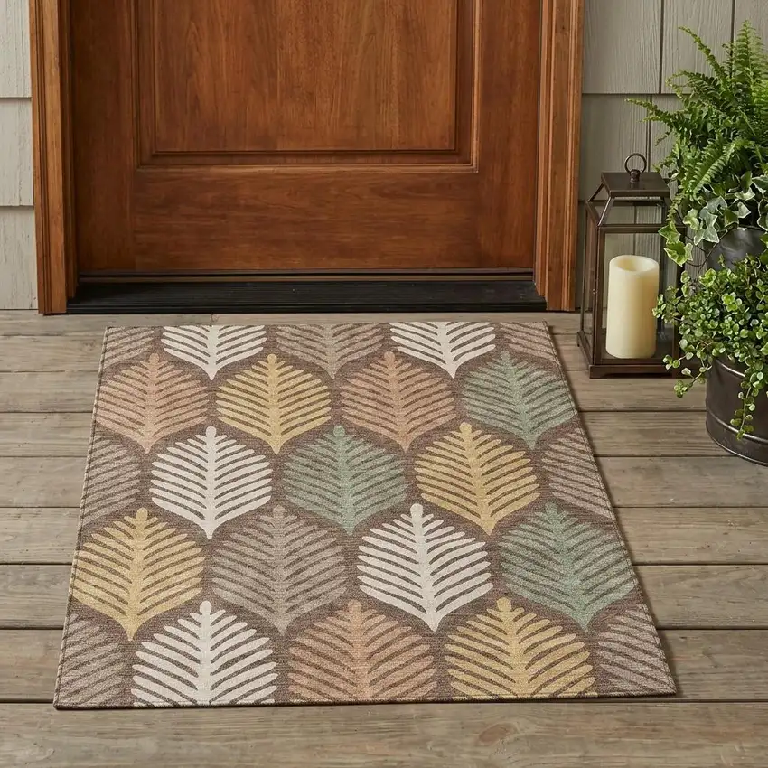 Chocolate And Beige Floral Washable Indoor Outdoor Area Rug Photo 1