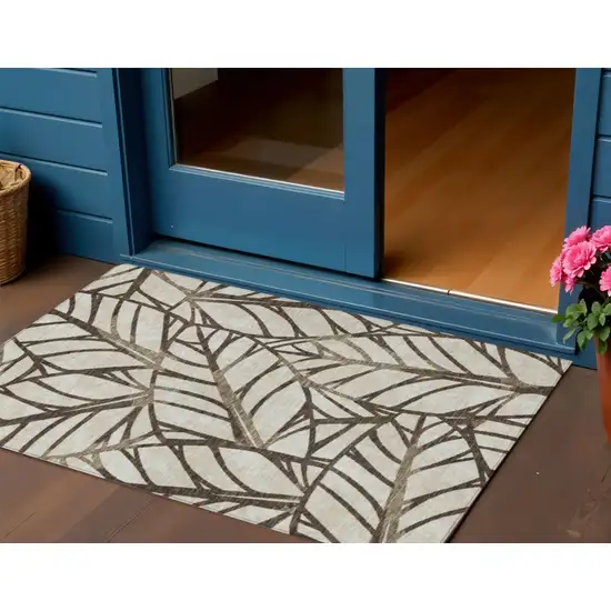 Chocolate And Beige Floral Washable Indoor Outdoor Area Rug Photo 1