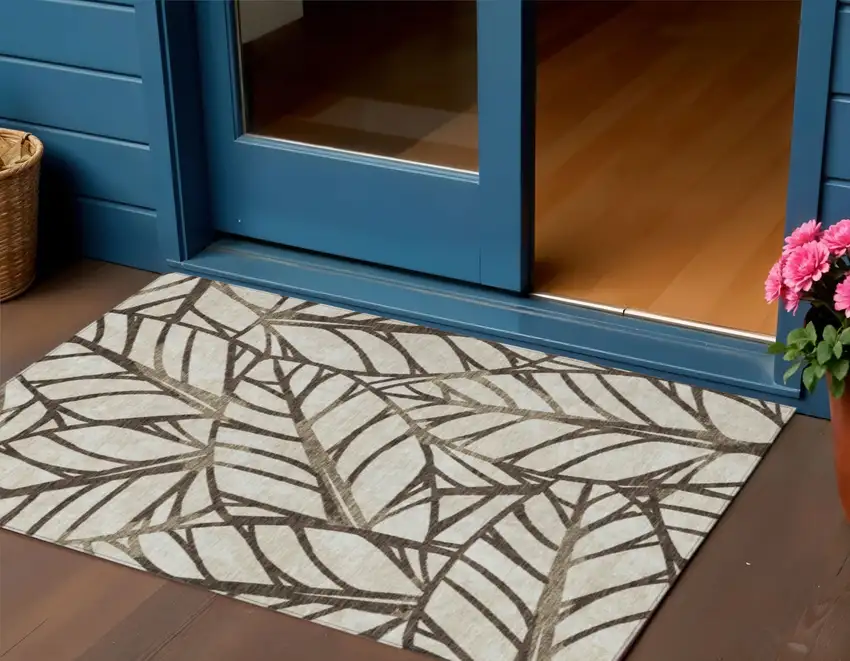 Chocolate And Beige Floral Washable Indoor Outdoor Area Rug Photo 1