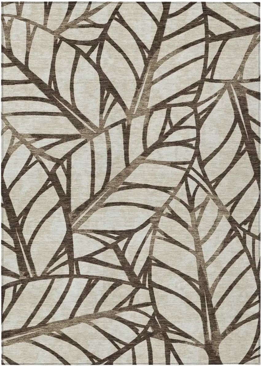 Chocolate And Beige Floral Washable Indoor Outdoor Area Rug Photo 1