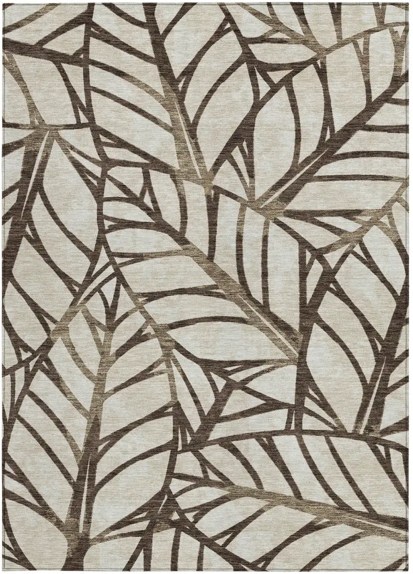 Chocolate And Beige Floral Washable Indoor Outdoor Area Rug Photo 6