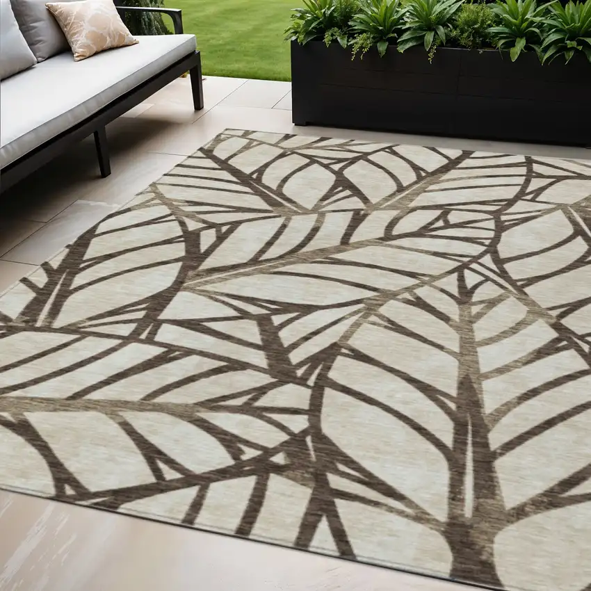 Chocolate And Beige Floral Washable Indoor Outdoor Area Rug Photo 1