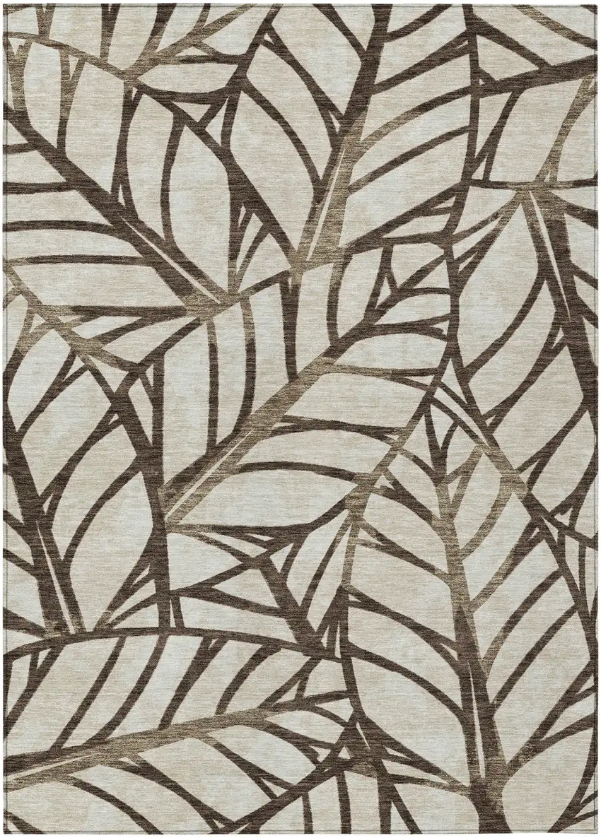 Chocolate And Beige Floral Washable Indoor Outdoor Area Rug Photo 1