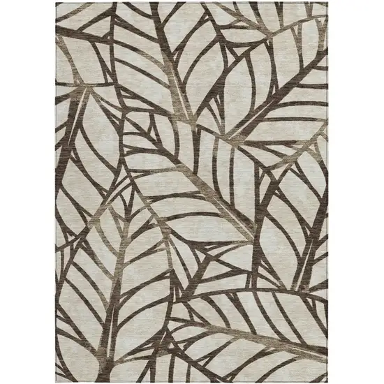 Chocolate And Beige Floral Washable Indoor Outdoor Area Rug Photo 5