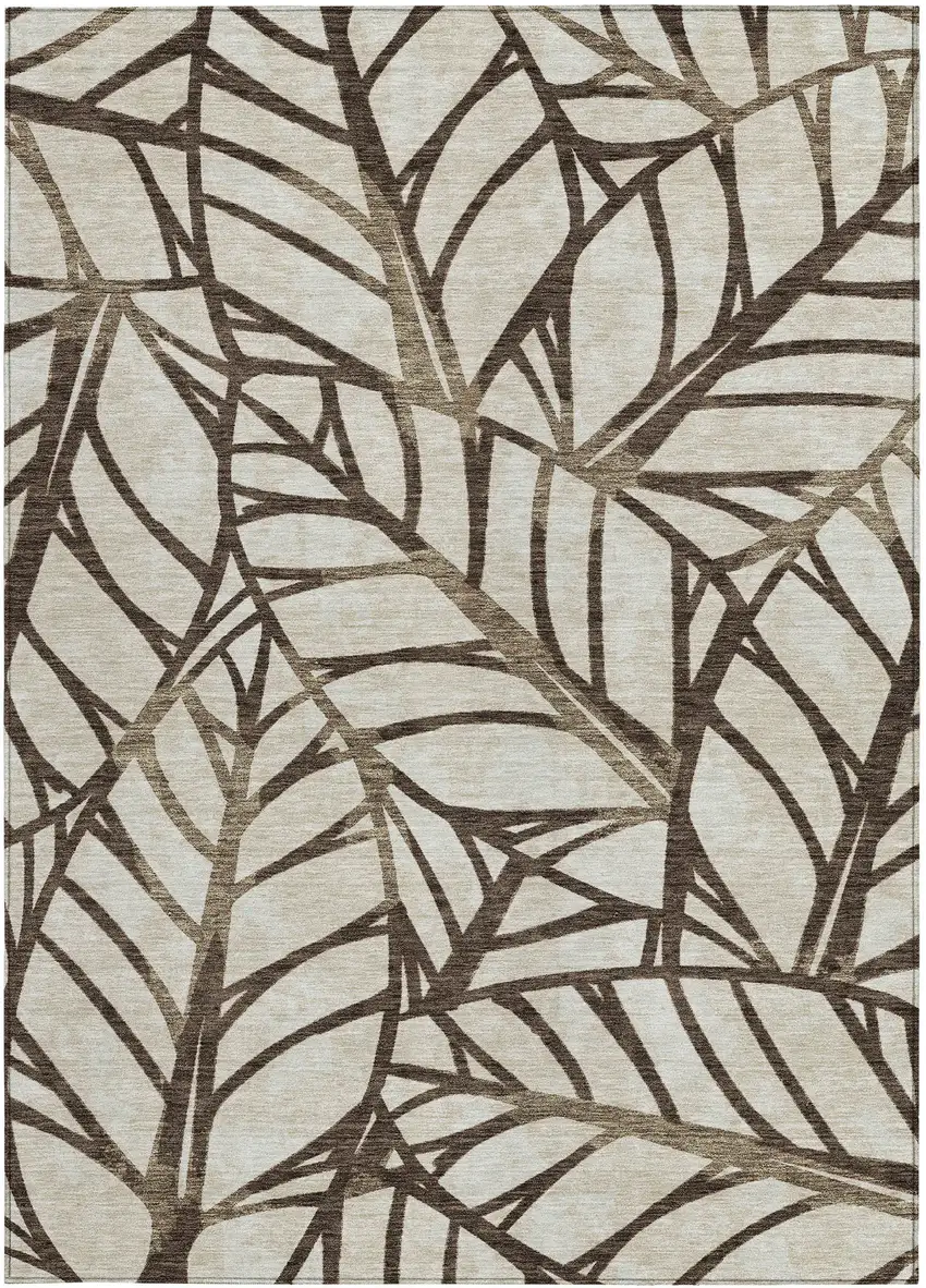 Chocolate And Beige Floral Washable Indoor Outdoor Area Rug Photo 5