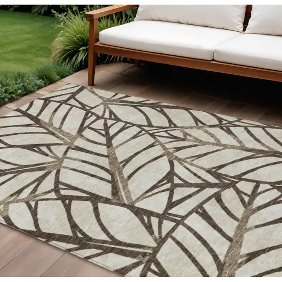 Chocolate And Beige Floral Washable Indoor Outdoor Area Rug Photo 1