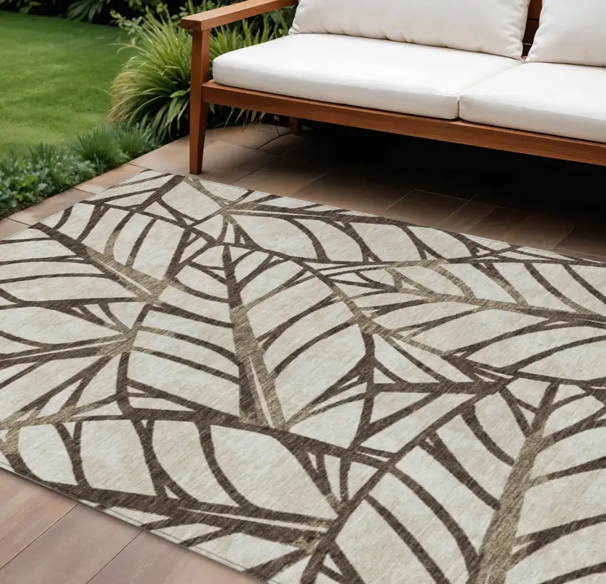 Chocolate And Beige Floral Washable Indoor Outdoor Area Rug Photo 1