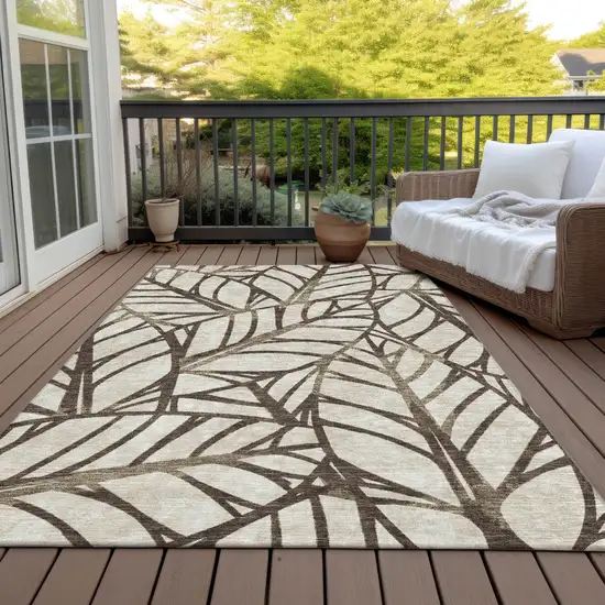 Chocolate And Beige Floral Washable Indoor Outdoor Area Rug Photo 6