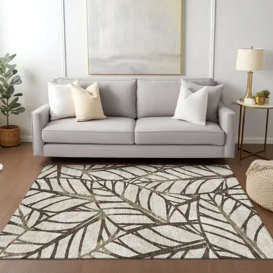 Chocolate And Beige Floral Washable Indoor Outdoor Area Rug Photo 8
