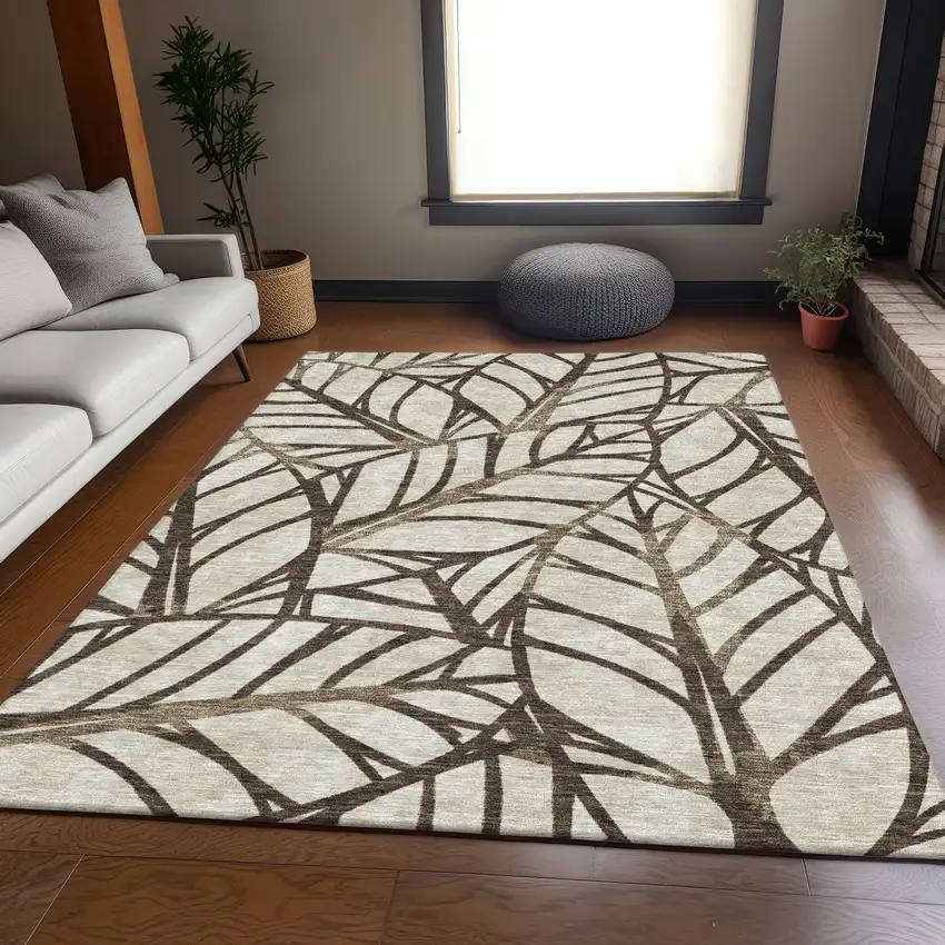 Chocolate And Beige Floral Washable Indoor Outdoor Area Rug Photo 6
