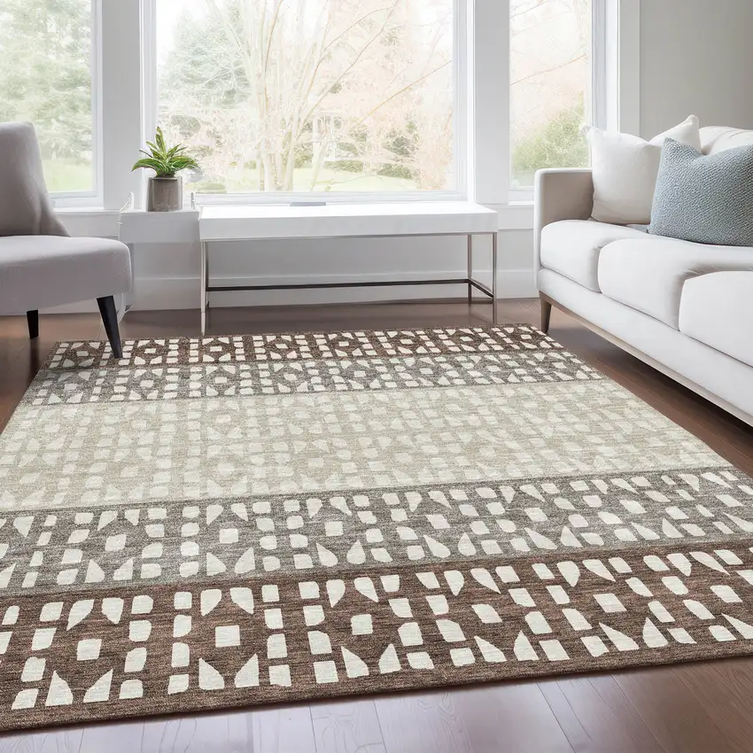 Chocolate And Beige Geometric Washable Area Rug With UV Protection Photo 5