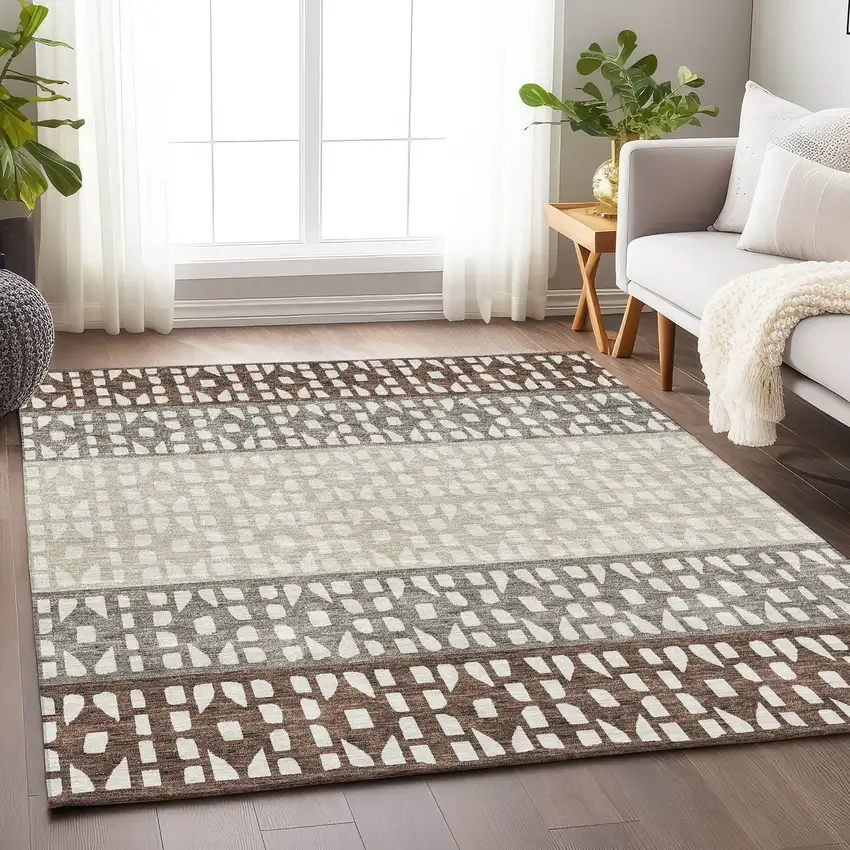 Chocolate And Beige Geometric Washable Area Rug With UV Protection Photo 4
