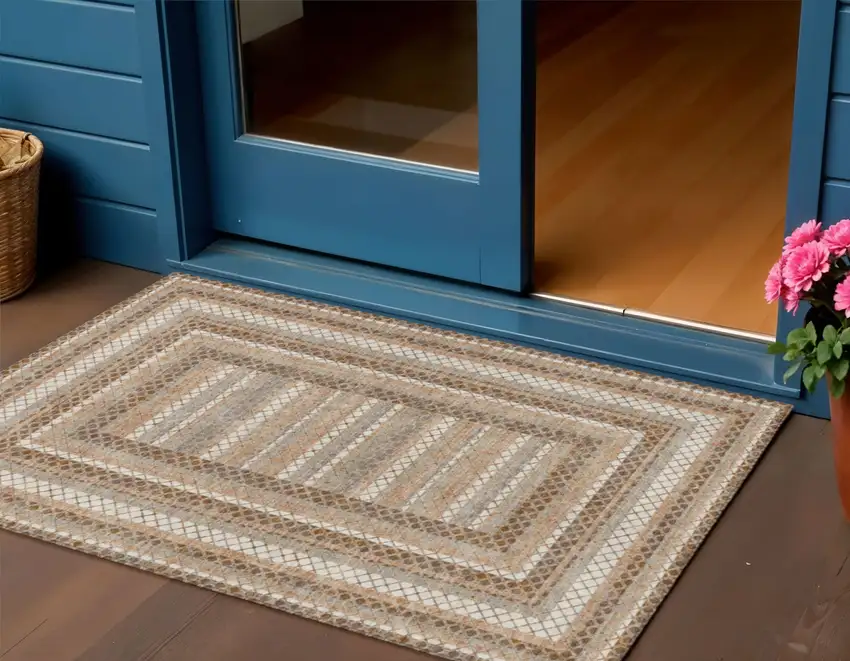 Chocolate And Beige Geometric Washable Indoor Outdoor Area Rug Photo 1