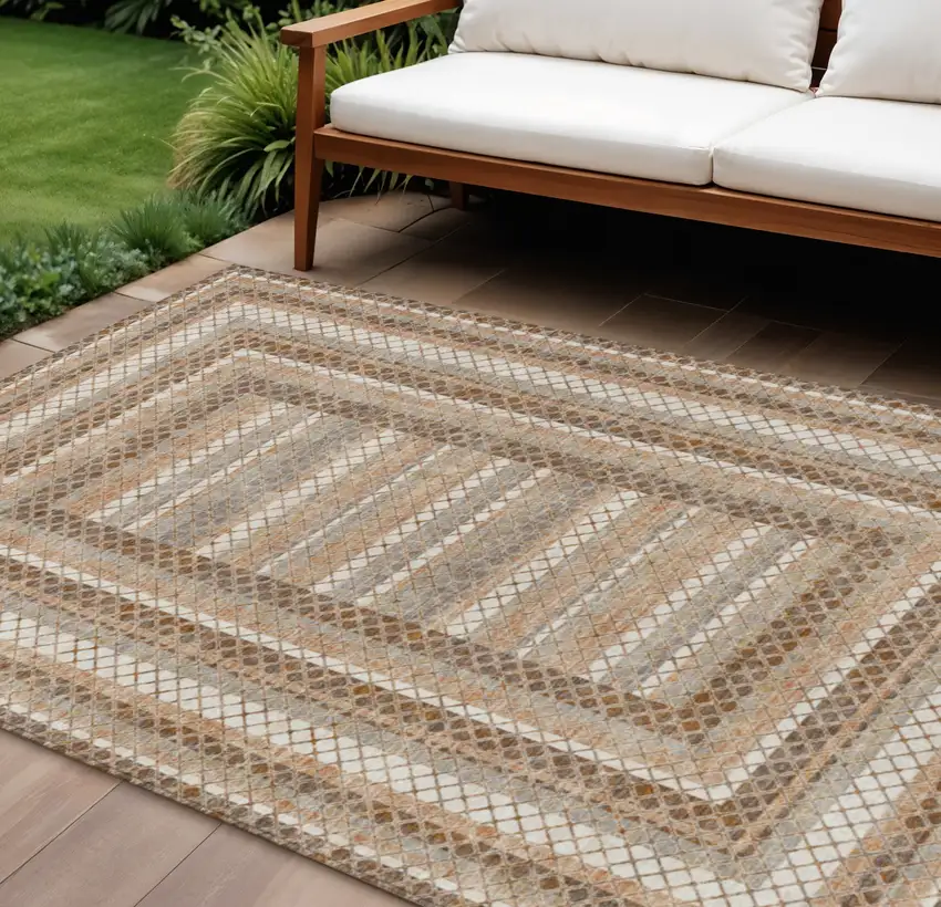 Chocolate And Beige Geometric Washable Indoor Outdoor Area Rug Photo 2