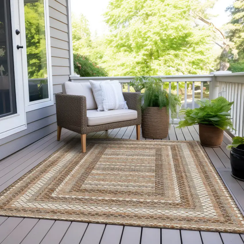 Chocolate And Beige Geometric Washable Indoor Outdoor Area Rug Photo 8