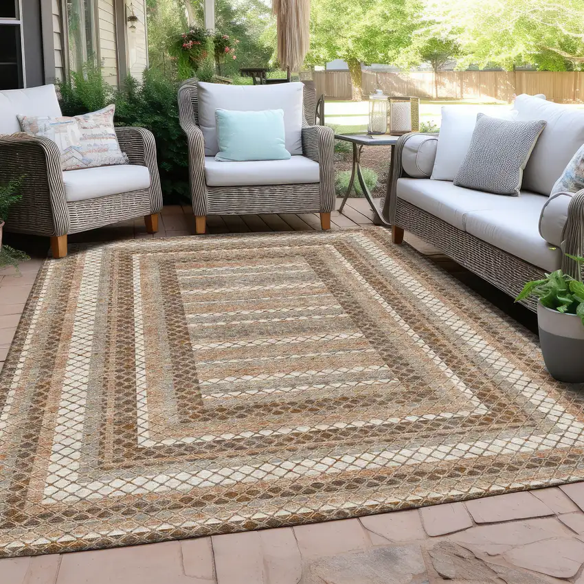 Chocolate And Beige Geometric Washable Indoor Outdoor Area Rug Photo 5