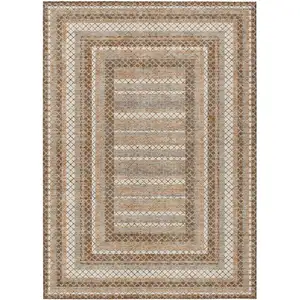 Photo of Chocolate And Beige Geometric Washable Indoor Outdoor Area Rug