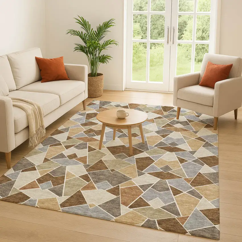 Chocolate And Beige Geometric Washable Indoor Outdoor Area Rug Photo 5