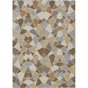Photo of Chocolate And Beige Geometric Washable Indoor Outdoor Area Rug