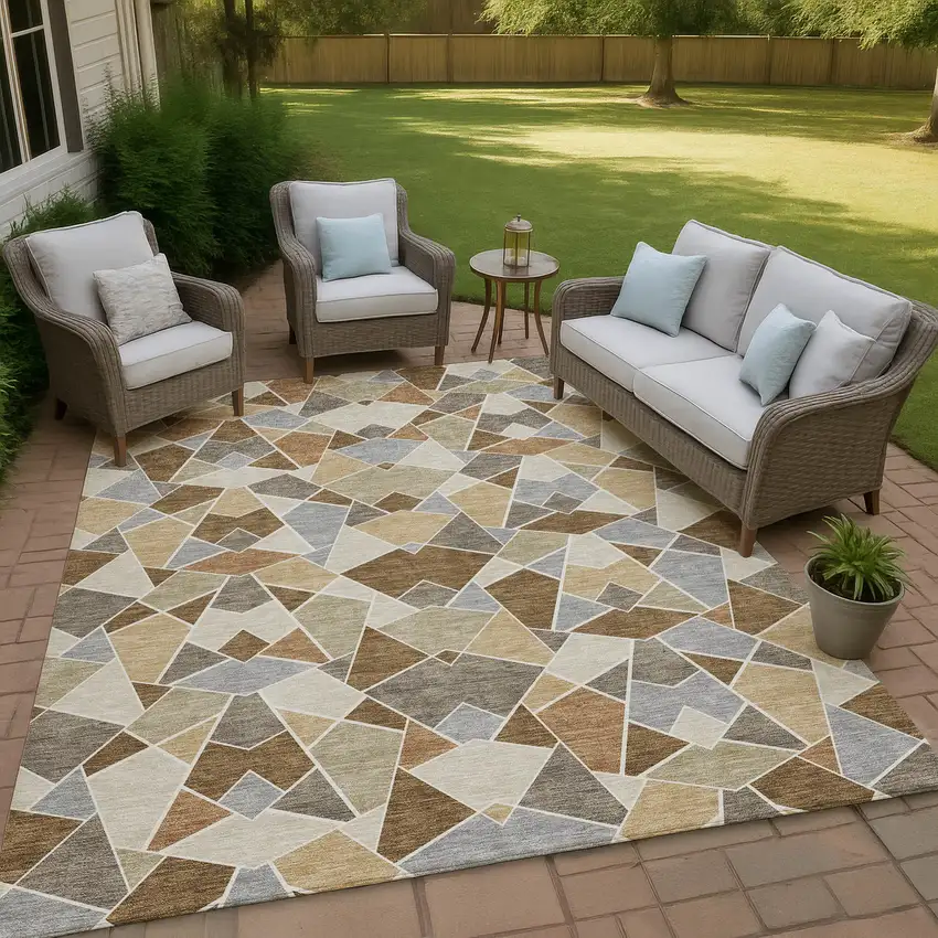 Chocolate And Beige Geometric Washable Indoor Outdoor Area Rug Photo 4
