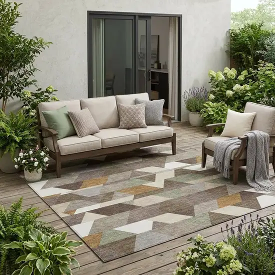 Chocolate And Beige Geometric Washable Indoor Outdoor Area Rug Photo 1