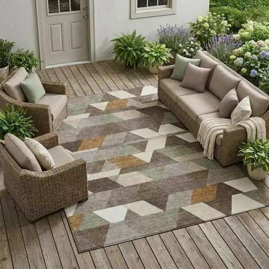 Chocolate And Beige Geometric Washable Indoor Outdoor Area Rug Photo 1